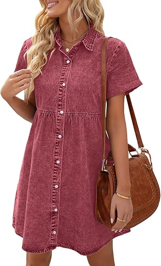 LookbookStore Women's Short Sleeve Button Down Denim Dress