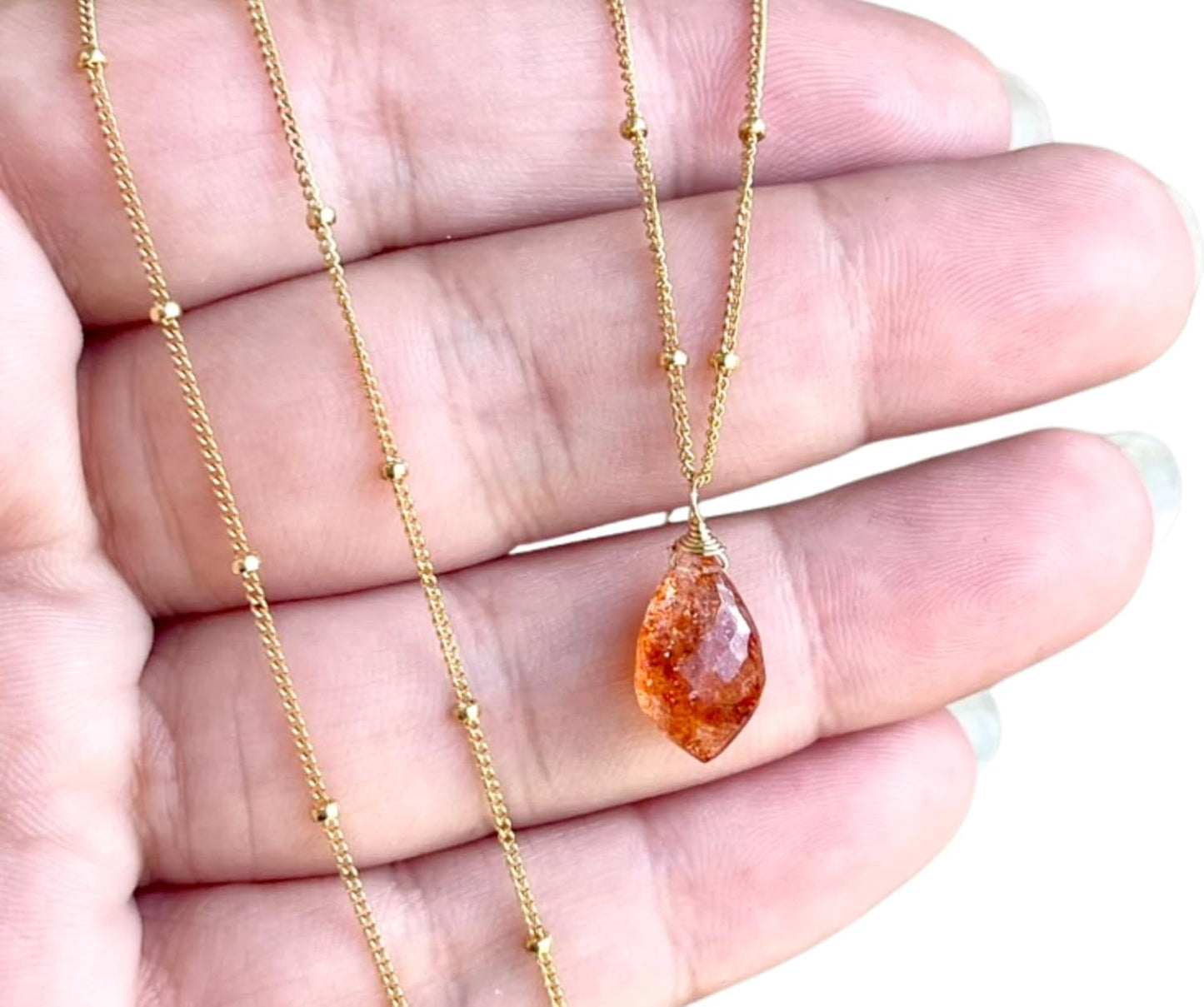 Sunstone Necklace in Gold Filled - Joyful Orange Teardrop Design