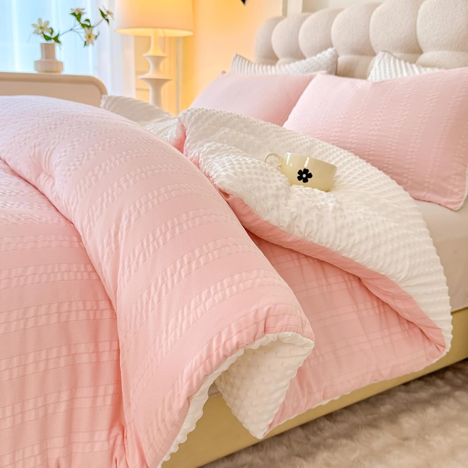 Boho Comforter Set Full Size Striped Pleats Cozy 3 Pieces