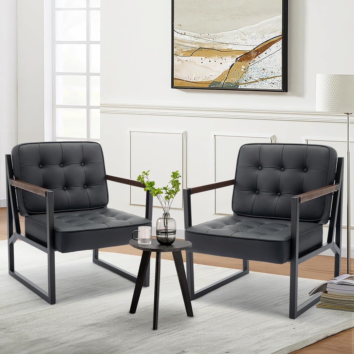 Mid Century Modern Black Leather Chairs Set