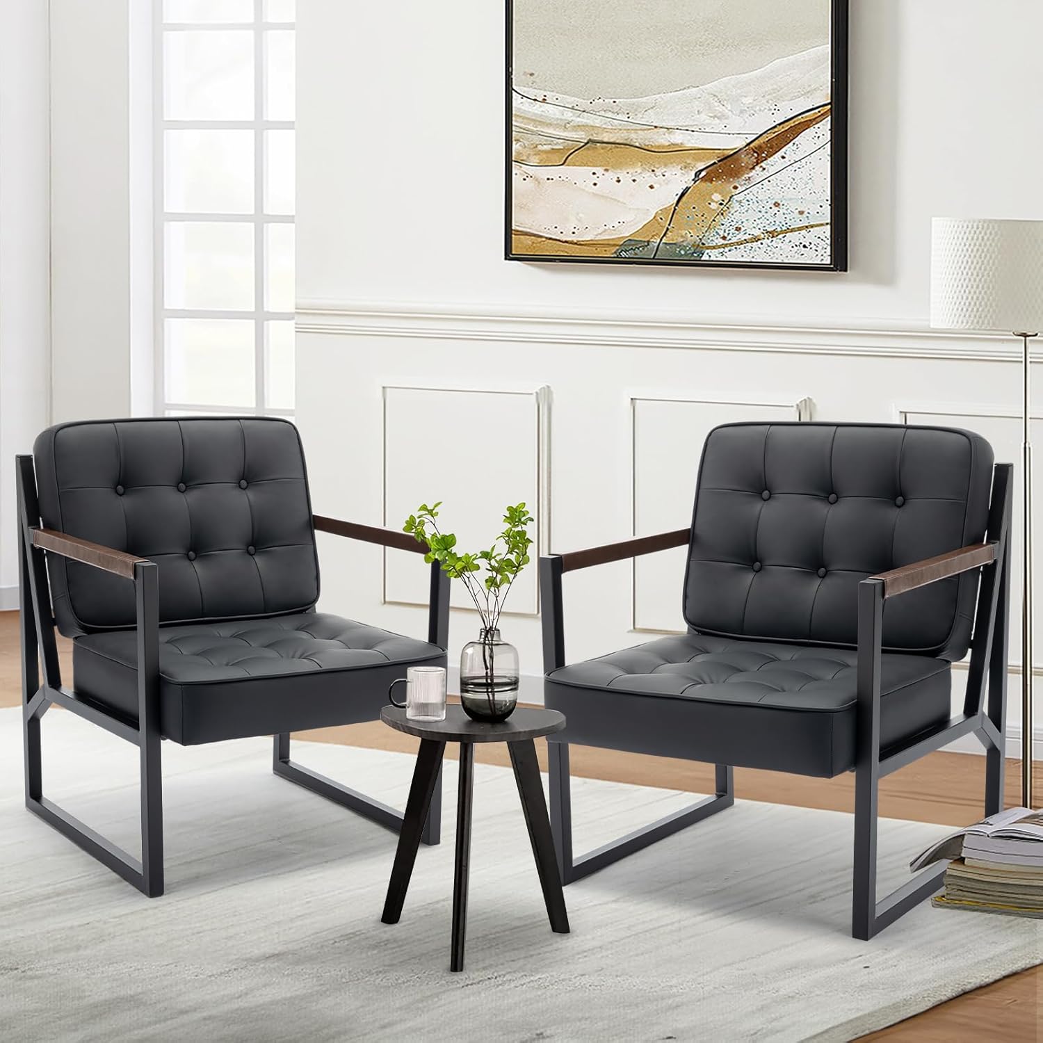 Mid Century Modern Black Leather Chairs Set