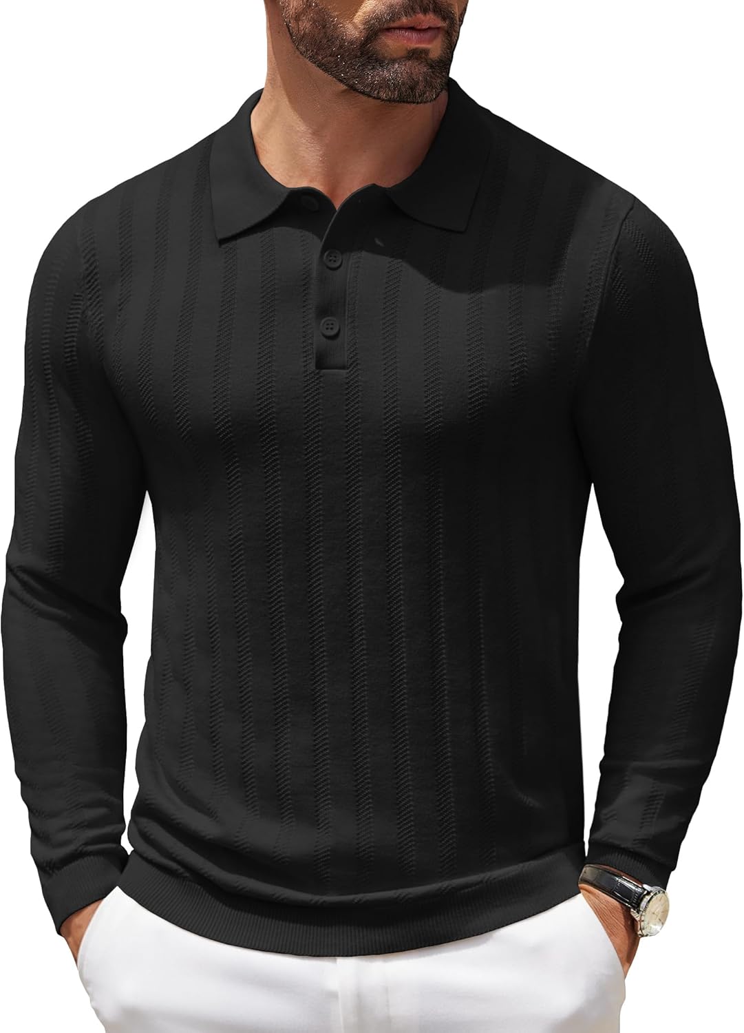 COOFANDY Men Knit Long Sleeve Polo Shirts for Casual Style
