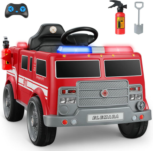 ELEMARA 12V Ride on Fire Truck with Remote Control for Kids