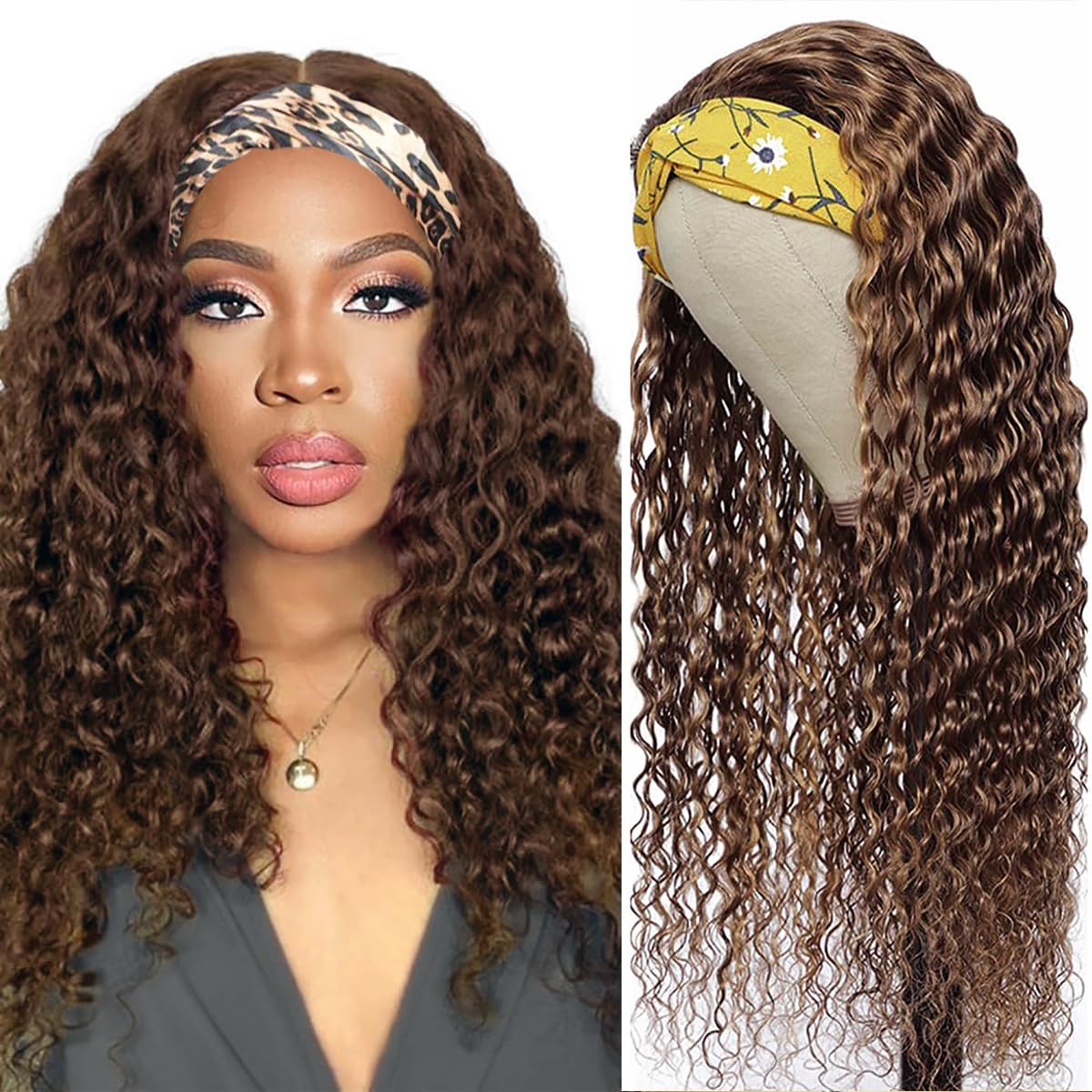 XSY Chocolate Brown Human Hair Headband Wigs for Black Women