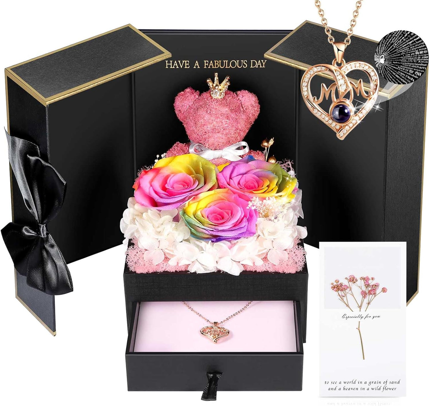 Unique Gifts for Mom with Preserved Roses and Necklace