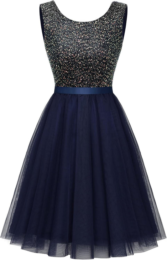 BeryLove Sequin Dress Vintage A Line Wedding Cocktail Mini Dress