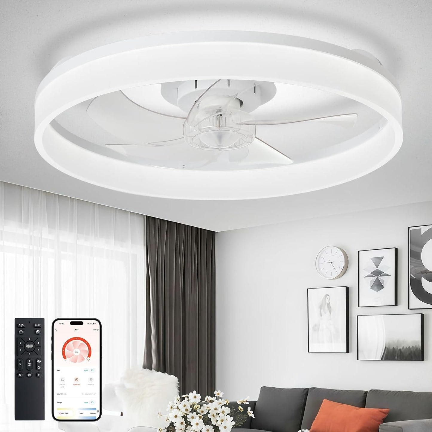 DLLT Modern Ceiling Fans with Lights: 20in Flush Mount Design