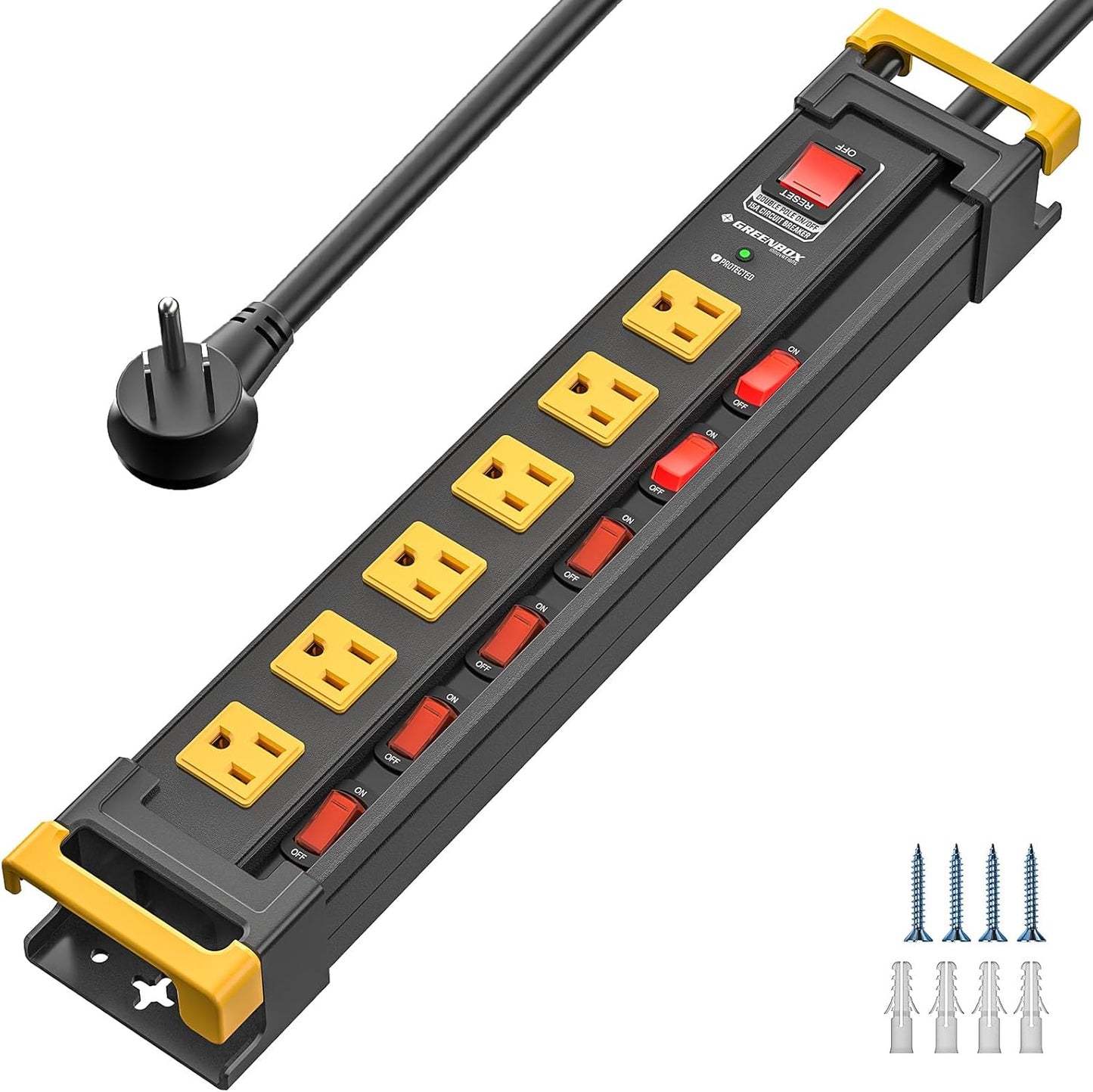 Metal Mount Surge Protector w/ 6 Outlets & Switches - Green Box Innovations