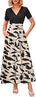 WNEEDU Women's Summer Maxi Dress Wrap V Neck with Pockets (Style LDXP)