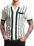 Mens Vintage Striped Knit Polo Shirt - Breathable Summer Fit