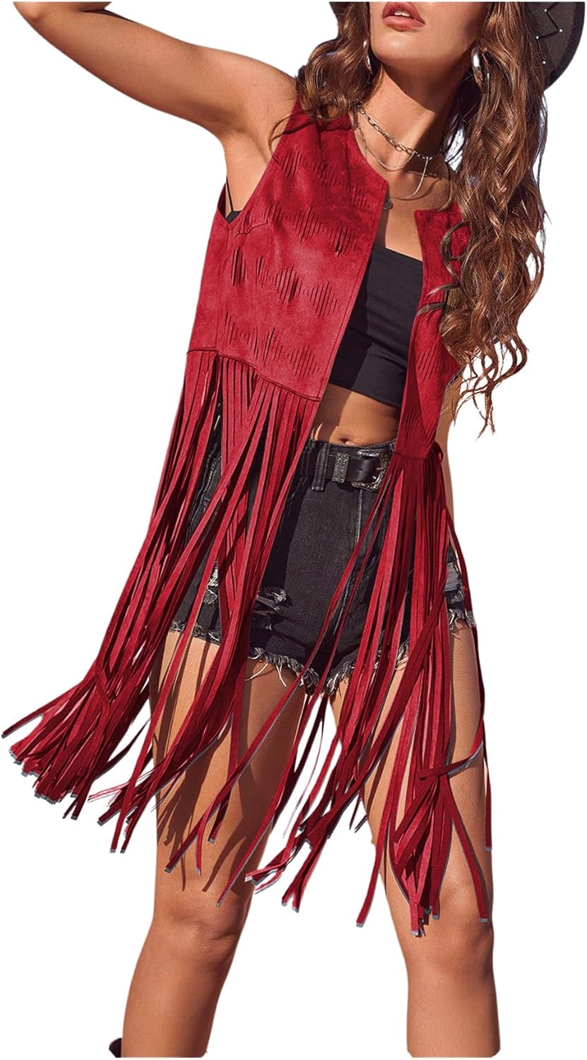 Women's Fringe Vest Sleeveless 70s Hippie Faux Suede Trim Jacket