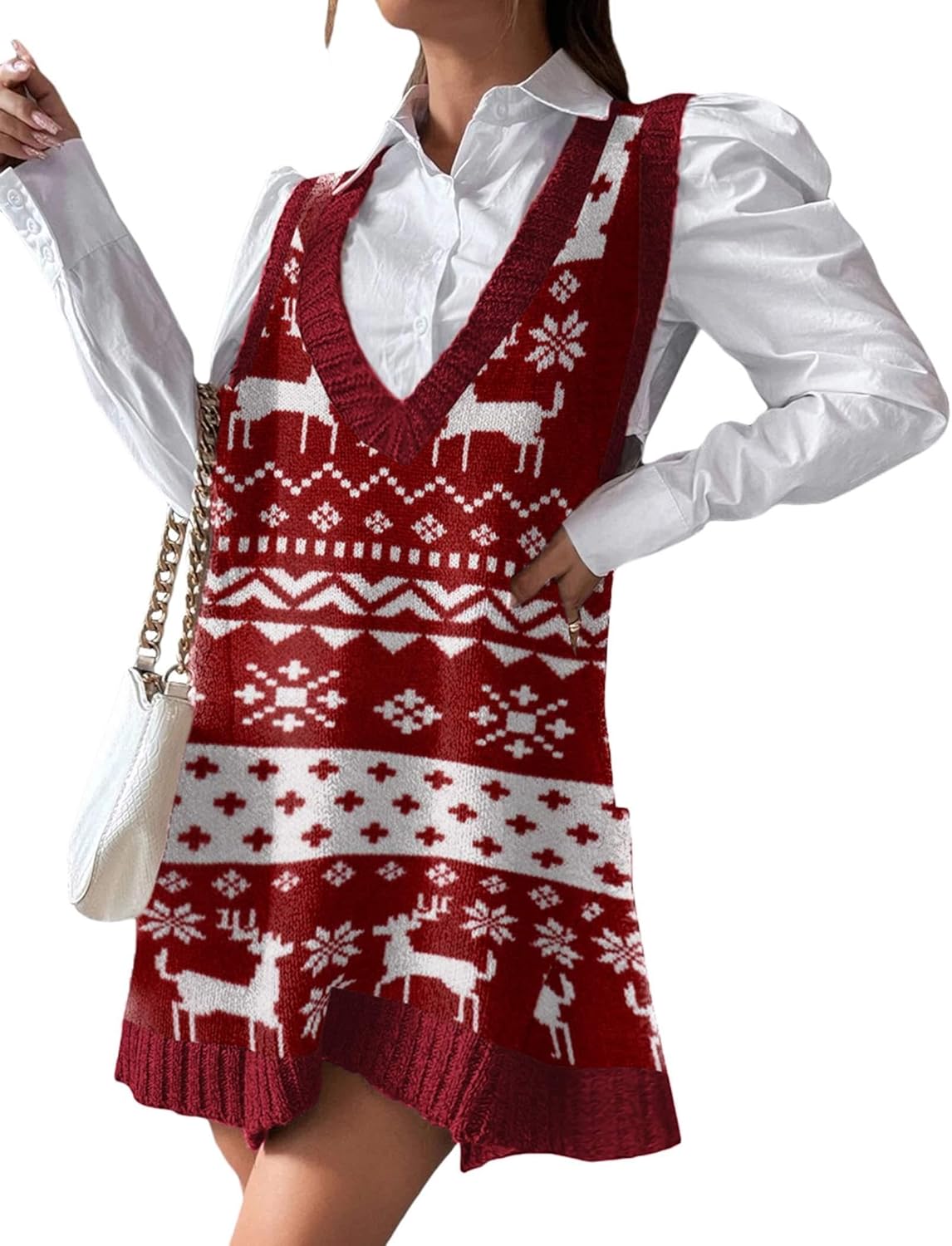 Stylish V Neck Sweater Vest Dress with Pockets for Women