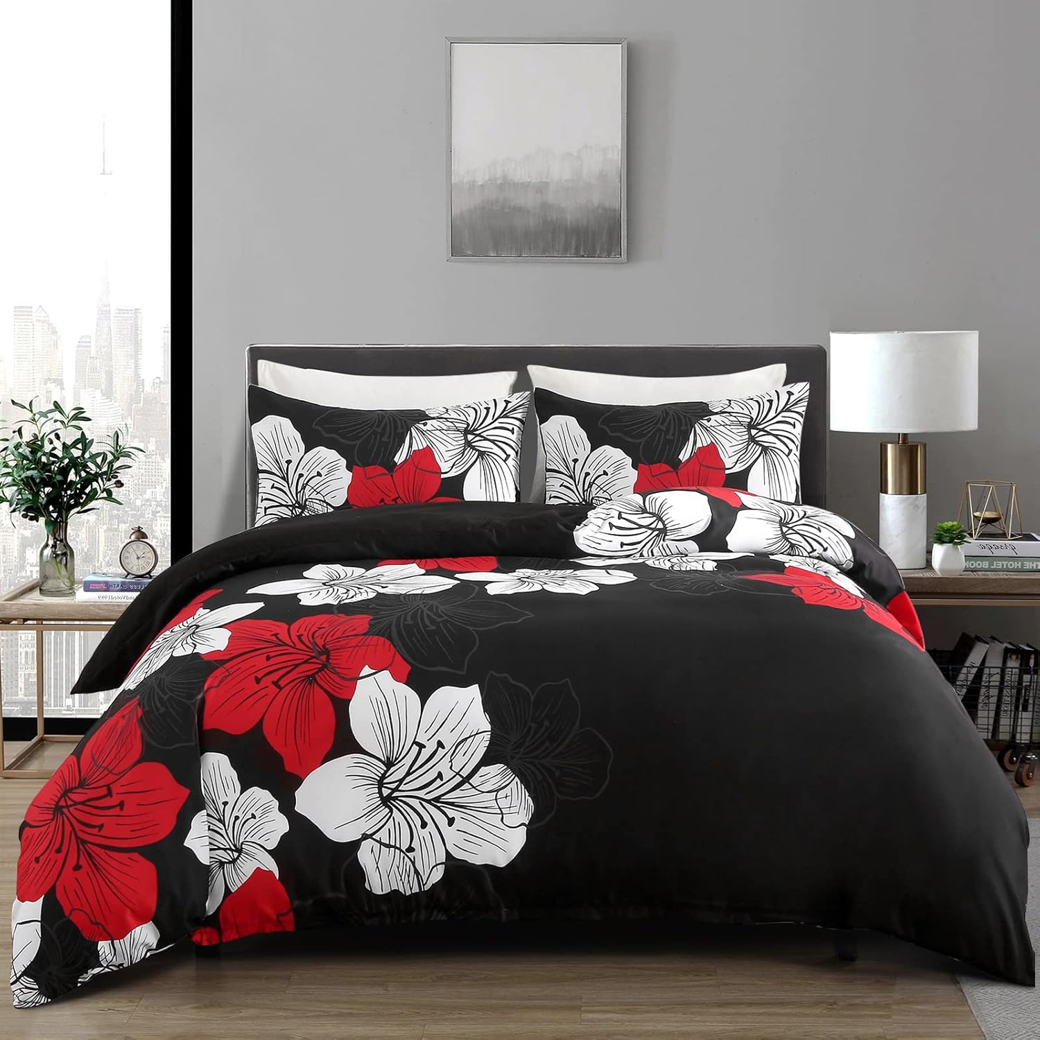 Menghomeus Black Red Comforter Set for California King Beds
