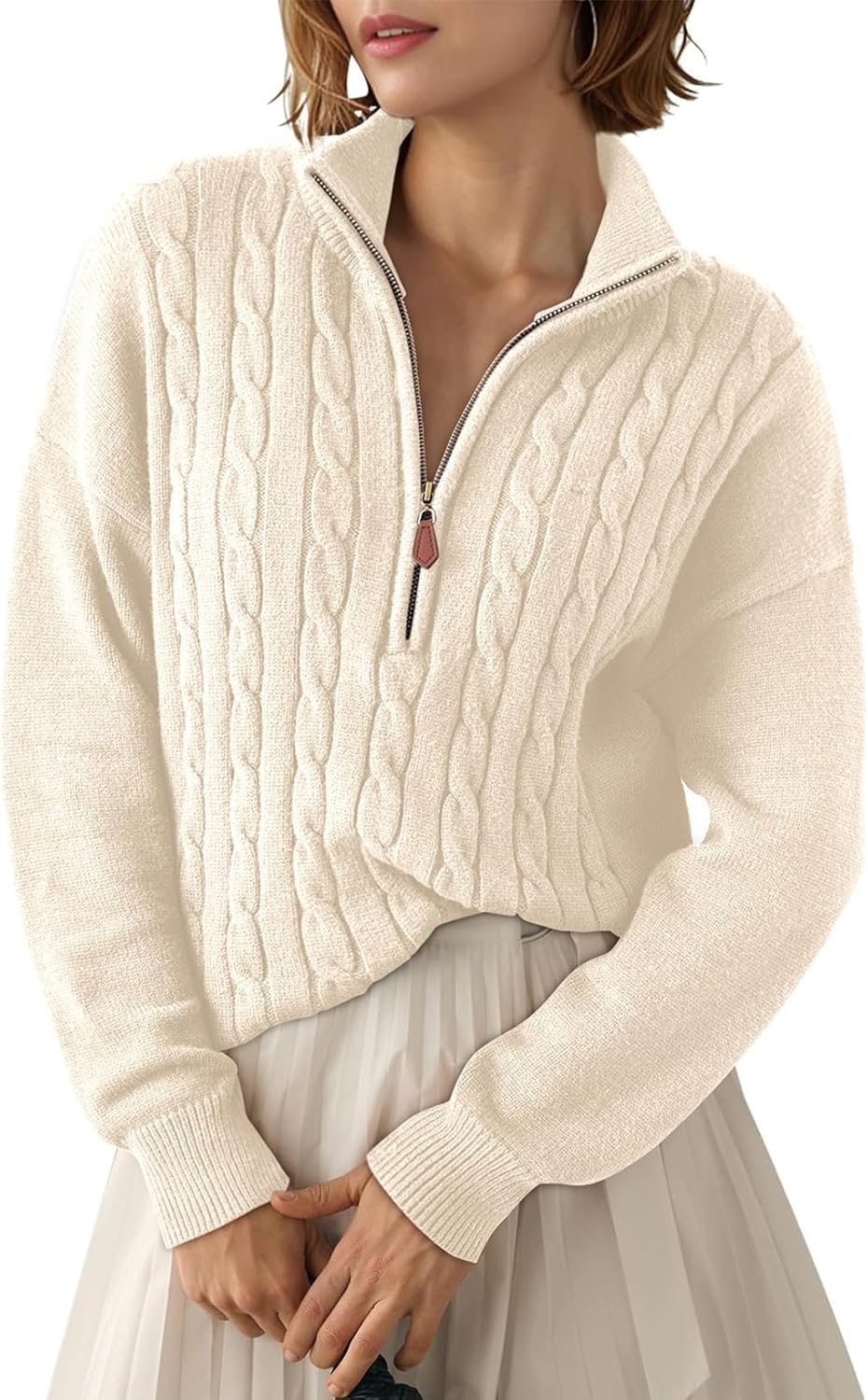 Dokotoo Women's Quarter Zip Casual Ribbed Cable Knit Pullover