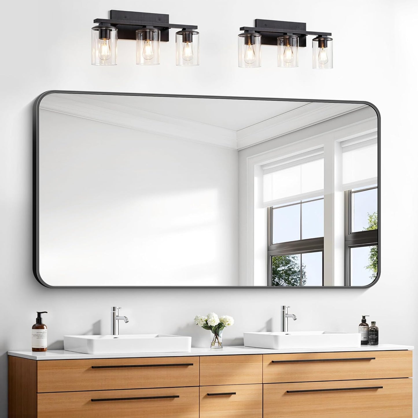 30x55 inch Black Rectangle Bathroom Mirror with Rounded Corners