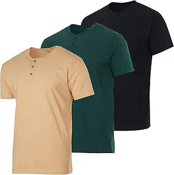 Real Essentials Men's Cotton Henley T-Shirt 3 Pack for Comfort