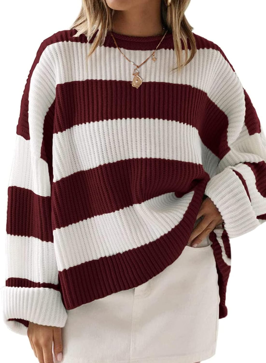 ZESICA Women's Oversized Striped Color Block Sweater for Fall