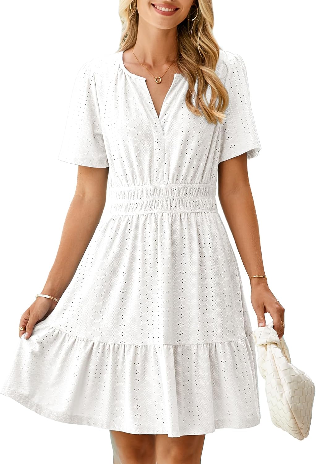 Simplee Womens 2025 Summer Mini Dress with Eyelet Short Sleeves