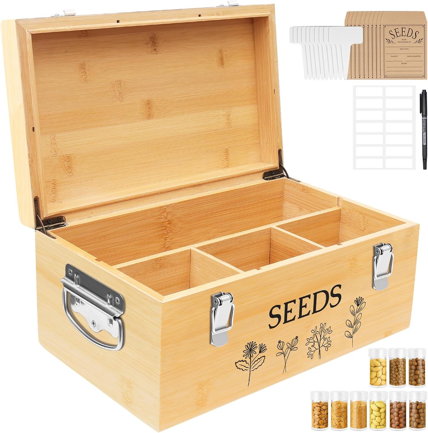 Large Bamboo Wood Seed Storage Organizer Box with Lid and Lock