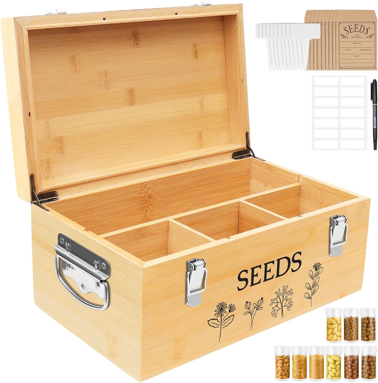 Large Bamboo Wood Seed Storage Organizer Box with Lid and Lock