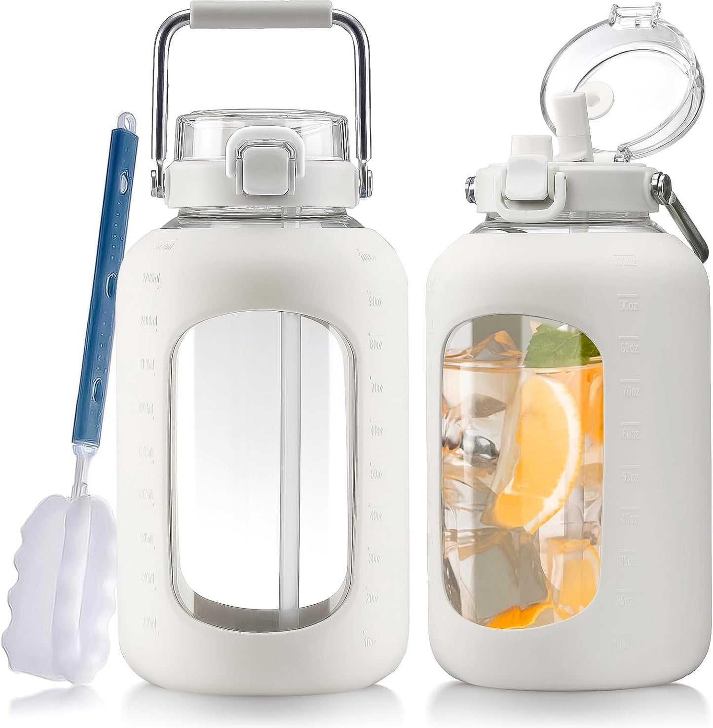 Large Glass Water Bottle with Stainless Steel Handle and Lid