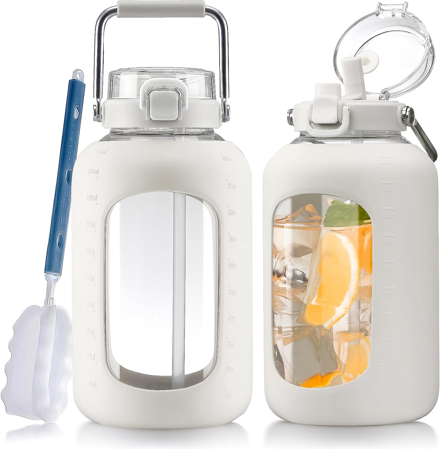 Large Glass Water Bottle with Stainless Steel Handle and Lid