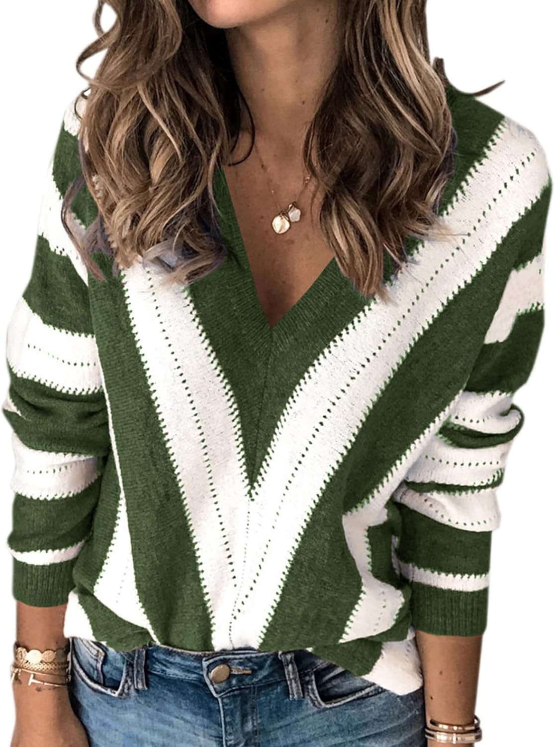 PRETTYGARDEN Long Sleeve Striped Knitted V Neck Pullover Sweater