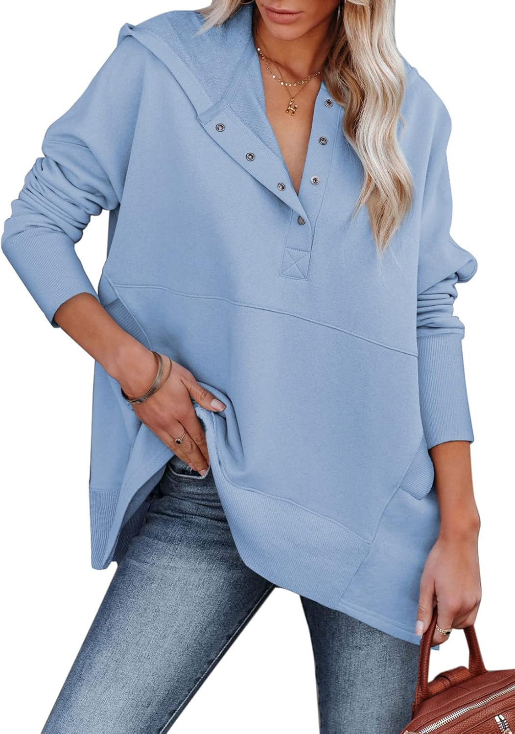 AlvaQ Women Casual Button V Neck Hoodies for Everyday Style