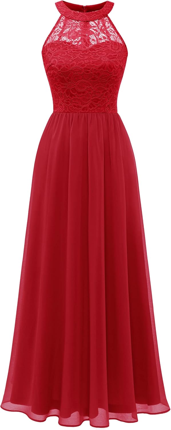 Halter Long Prom Dress for Women - Floral Lace Bridesmaid Dress