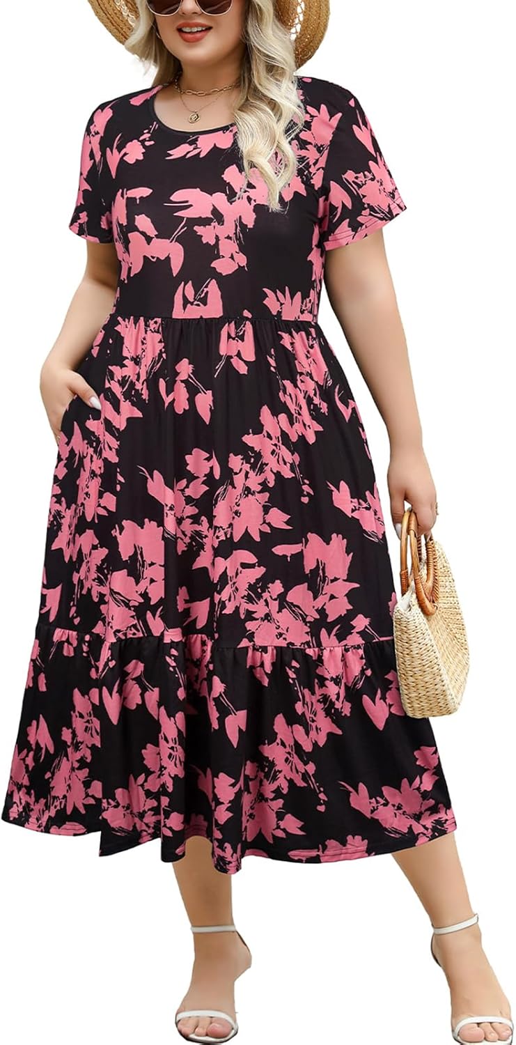 Women's Plus Size Midi Casual Dress with Pockets for Summer