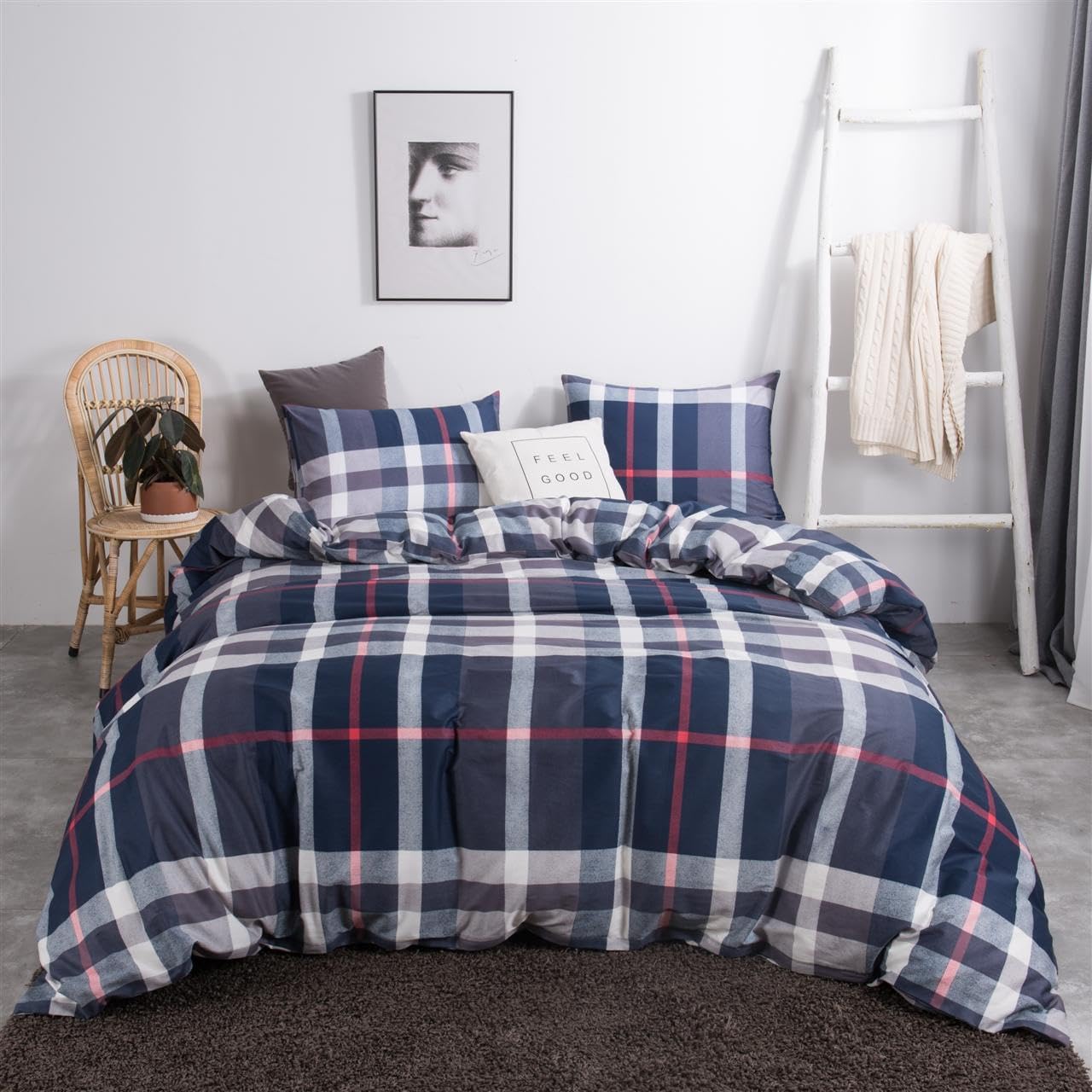 Navy Plaid California King Comforter Set for All Seasons