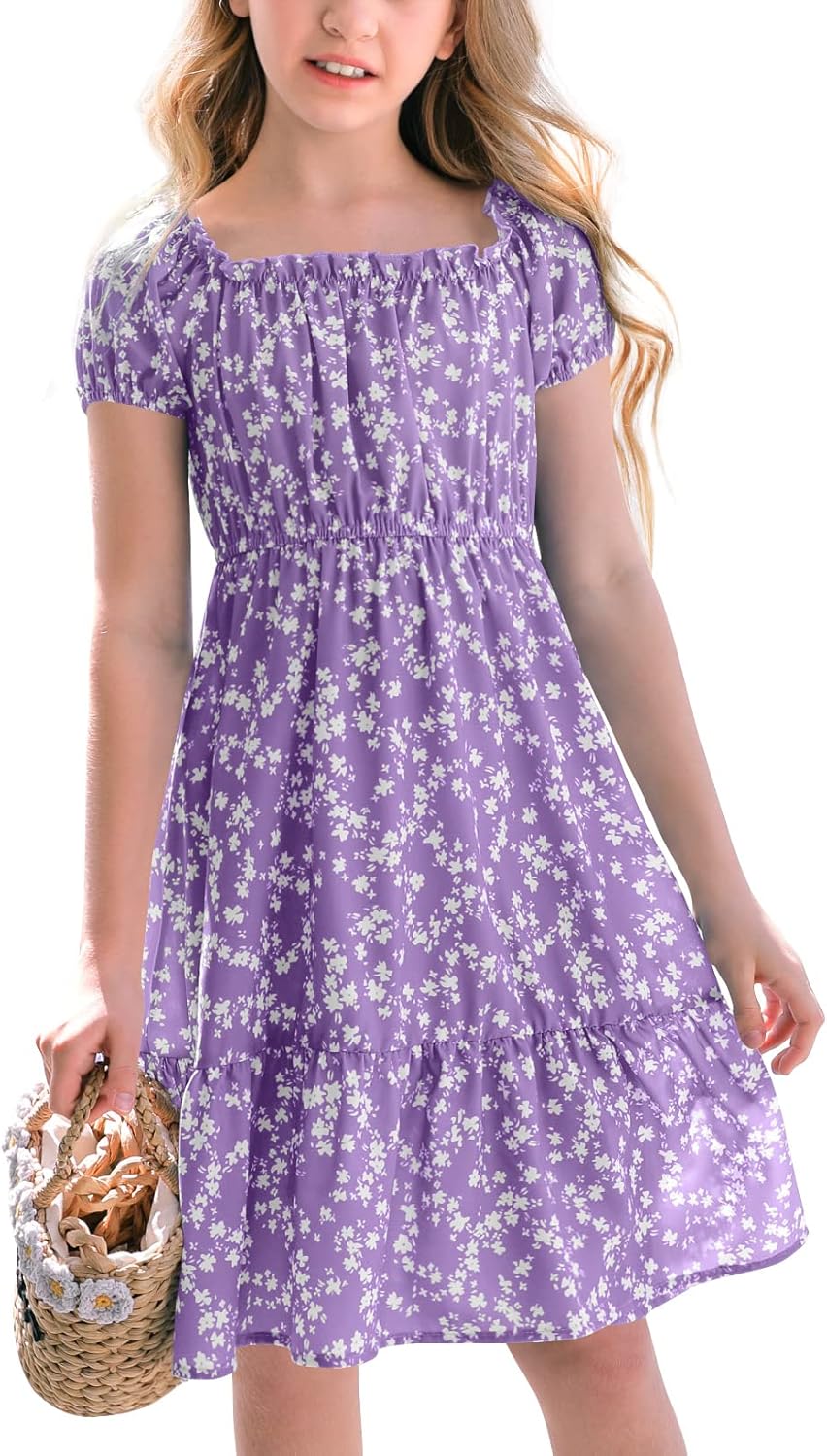 Girls Summer Dress Floral Square Neck Puff Sleeve A-Line Midi
