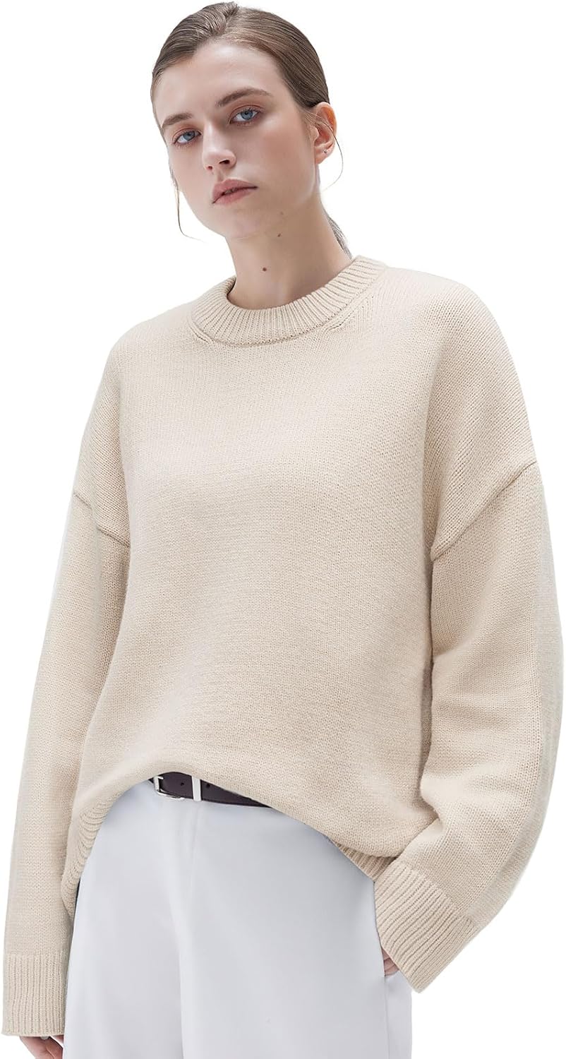 Cashmere Blend Oversized Crew Neck Long Sleeve Sweater for Women