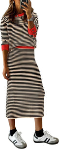 PRETTYGARDEN Striped Sweater Two Piece Skirt Set - Cozy Fall Travel