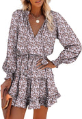 Boho Floral Drawstring V Neck Smocked Mini Dress - Flattering Fit 2025