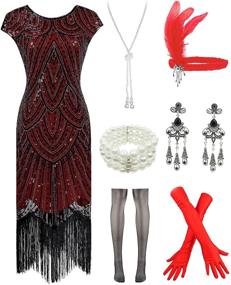 Vintage Lace Fringed Gatsby 1920s Cocktail Dress with Accessories