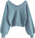 Cropped V-Neck Knit Sweater Pullover - Soft Lightweight Crop