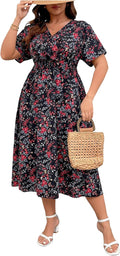 Floerns Plus Size Bohemian Floral Dress with V Neck and Short Sleeves