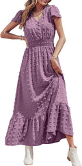 Womens Boho Maxi Dress V Neck Swiss Dot - Flowy Summer Style
