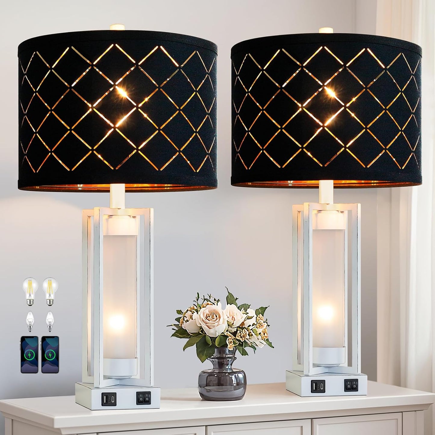 25 Inch Rustic Table Lamps with USB Ports for Bedroom and Living Room