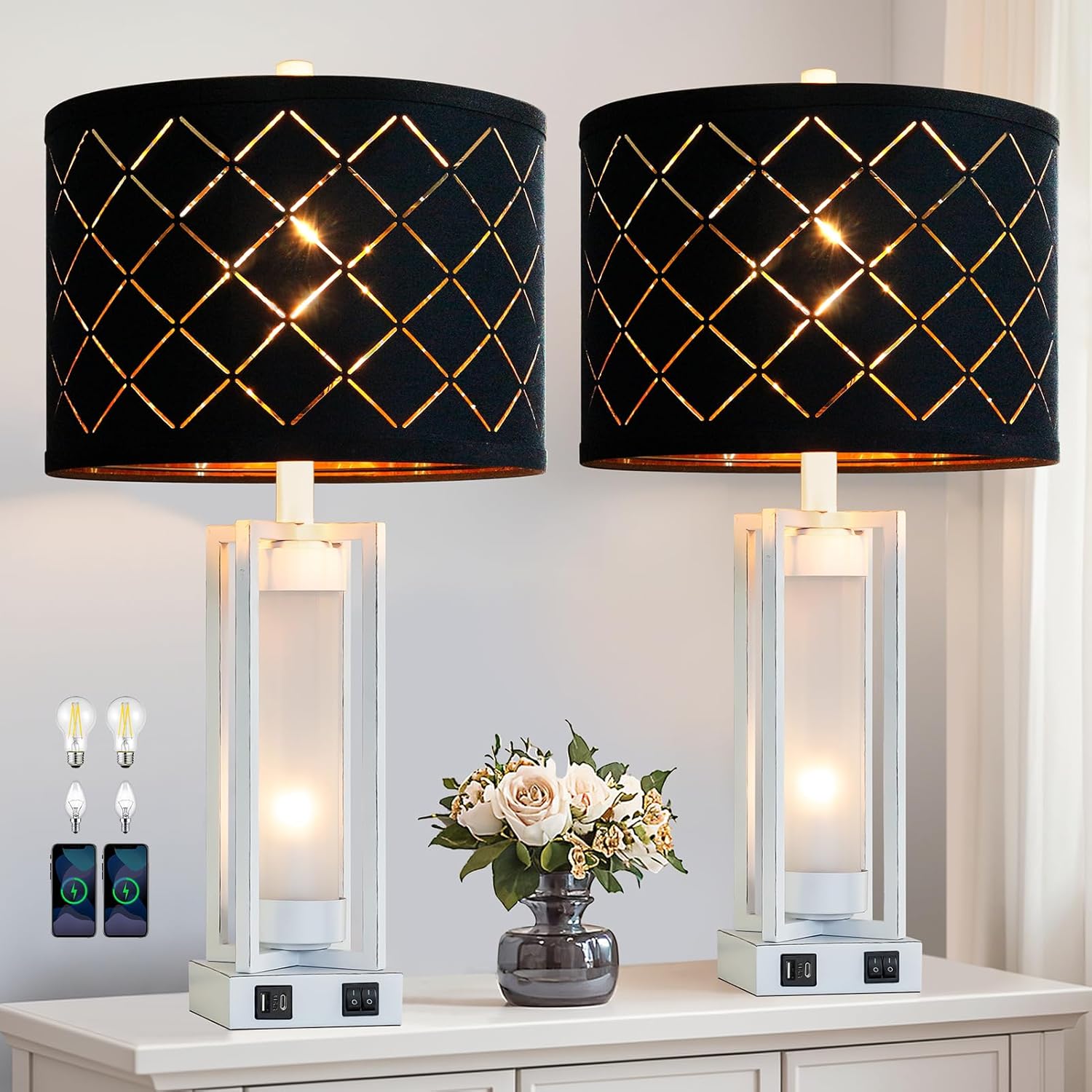 25 Inch Rustic Table Lamps with USB Ports for Bedroom and Living Room