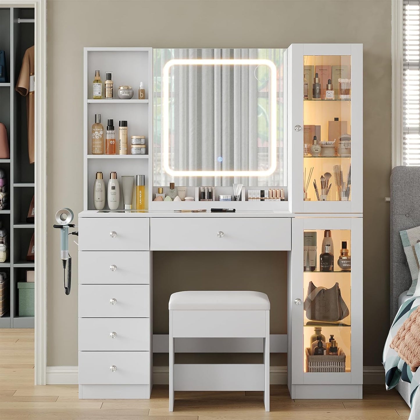 Vanity Desk with LED Mirror and Charging Station for Makeup