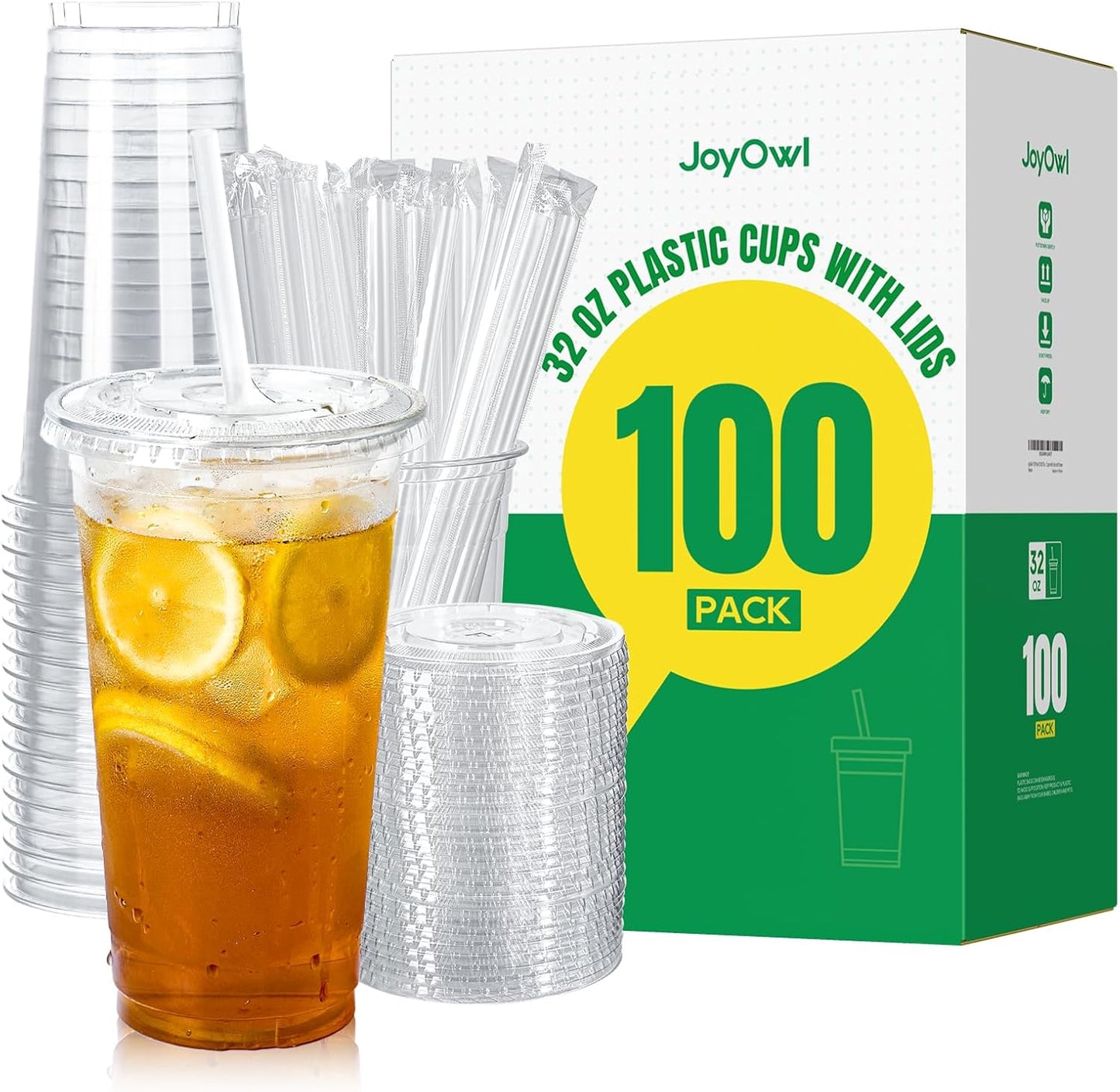 32 oz Clear Plastic Cups with Lids for Iced Coffee and Smoothies