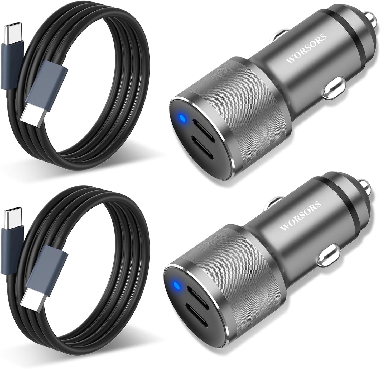 Super Fast 60W Dual USB C Car Charger + 2X Cables by WORSORS