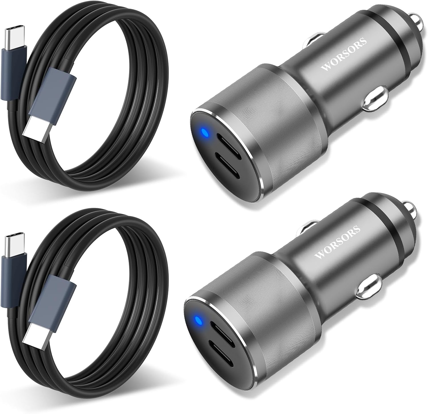 Super Fast 60W Dual USB C Car Charger + 2X Cables by WORSORS
