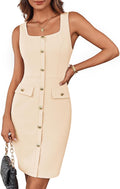 Stylish Women's Buttons Belted Square Neck Bodycon Midi Dress