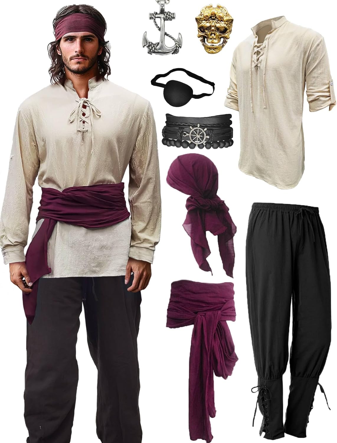 Verceco Mens Pirate Costume Outfit for Renaissance Events