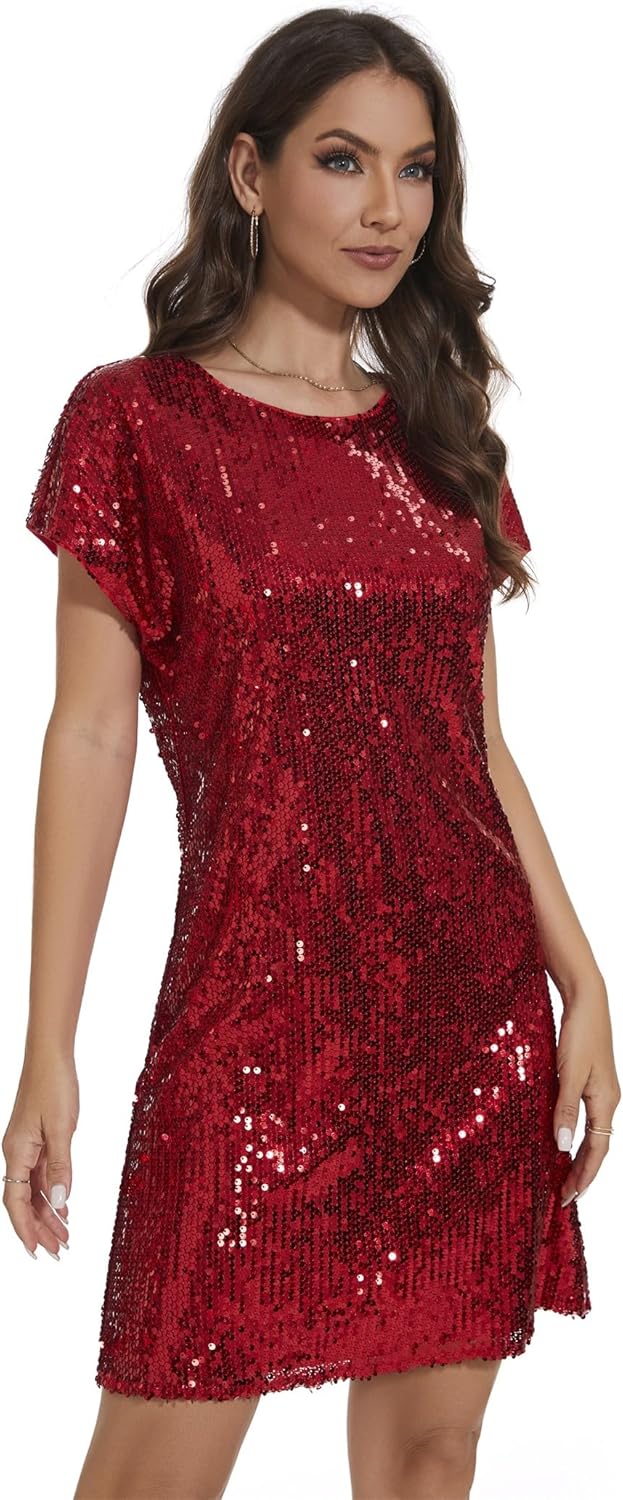 Women's Crewneck Sequin Shift Dress for Casual Holiday Parties