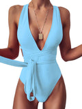 One Piece Thong Swimsuit for Women - Criss Cross Tie Plunge
