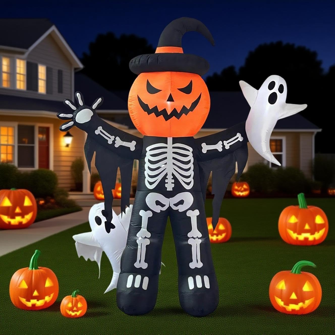8FT Halloween Inflatable Pumpkin Skeleton with Ghosts for Fun